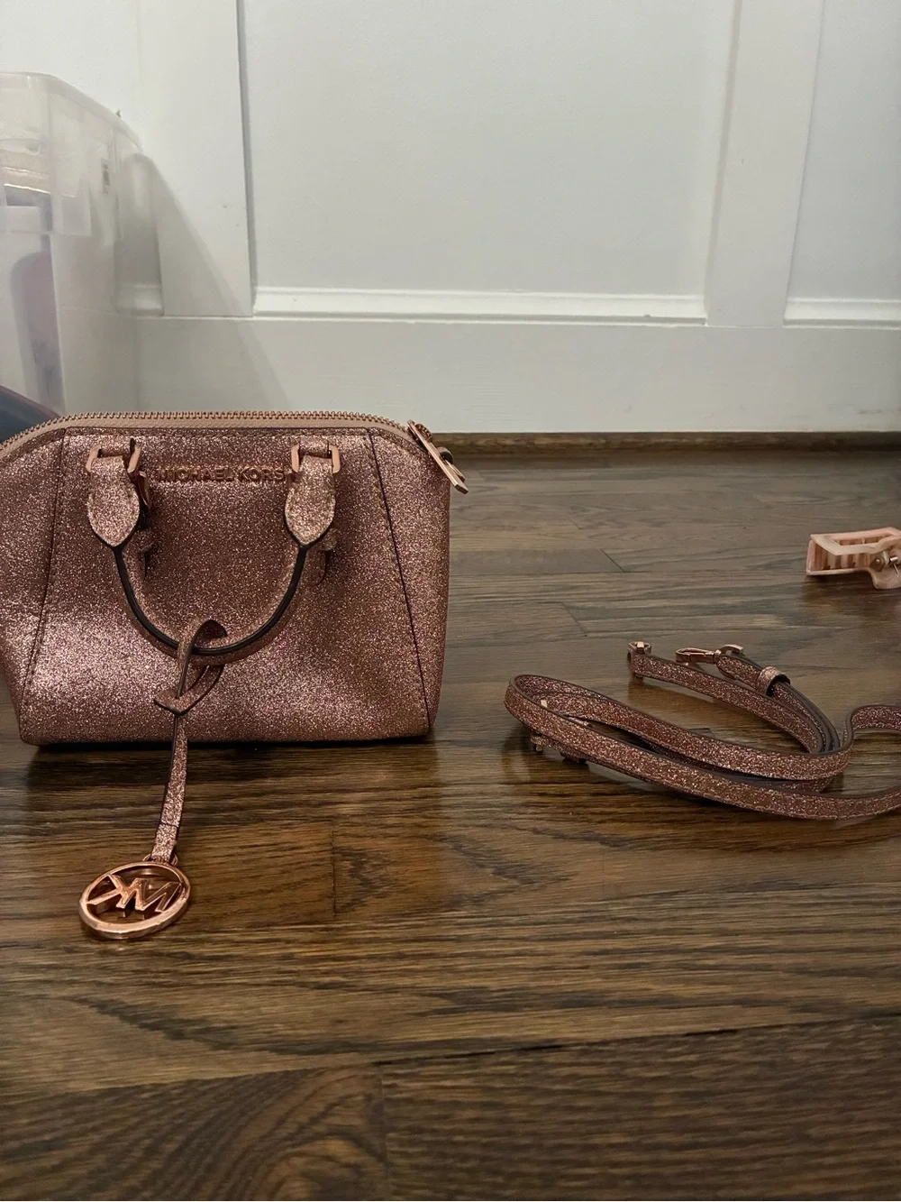 Michael Kors Rose Gold Glitter Mini Satchel Bag